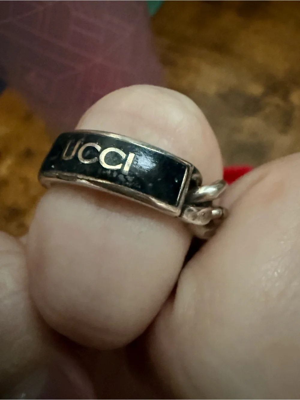 Gucci Black and Silver Logo Band Ring